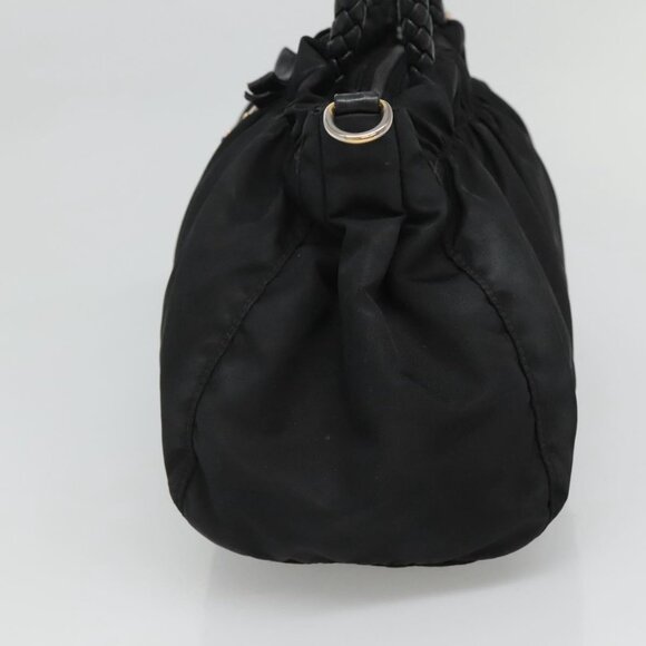 PRADA ribbon Hand Bag Nylon Leather 2way Black Gold Auth ki5666 - Picture 4 of 16